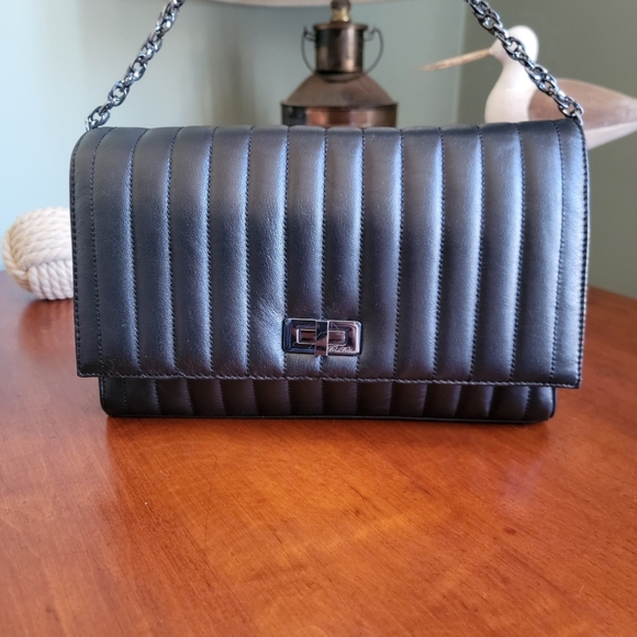 Brooks Brothers Black Quilted Calfskin Leather Crossbody Evening Bag Purse - Picture 7 of 16